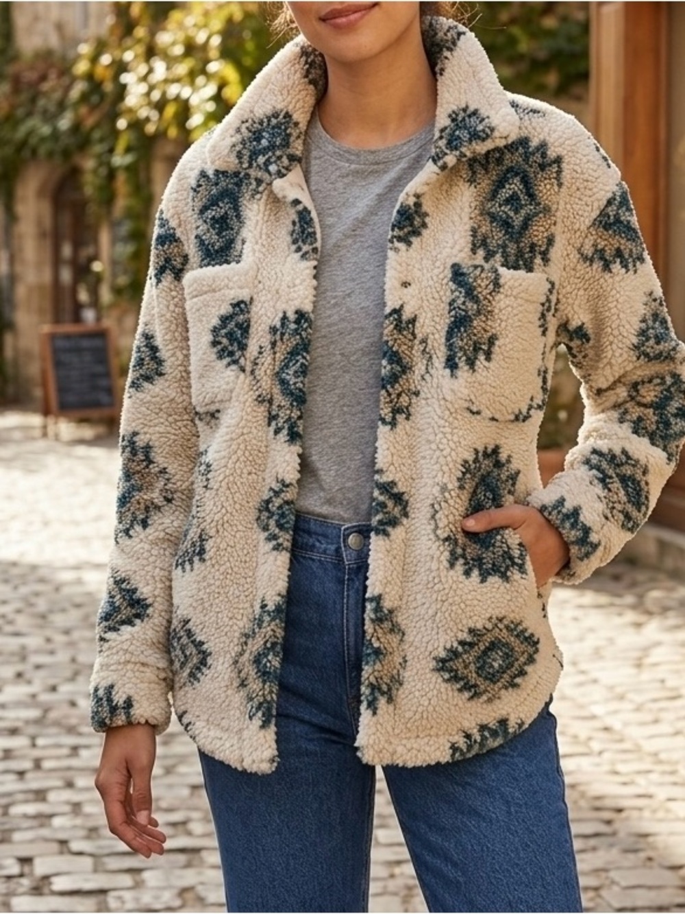 Thread & Supply Sherpa Fleece Shacket Ivory Gray Aztec Print Button Front Jacket